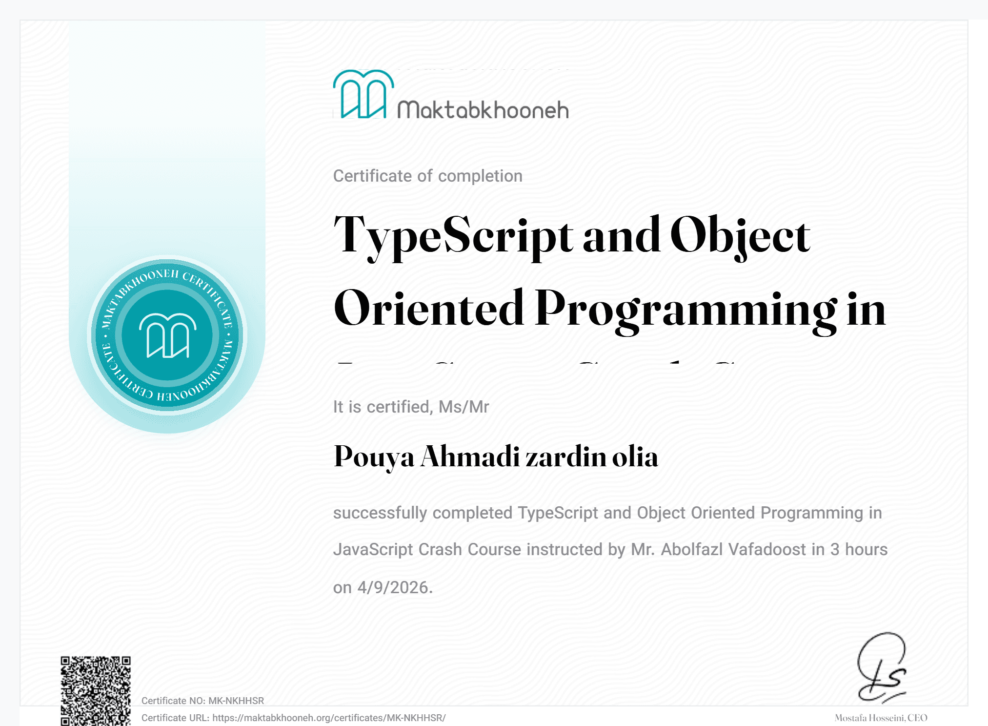 TypeScript and Object Oriented Programming in JavaScript Crash Course Certificate